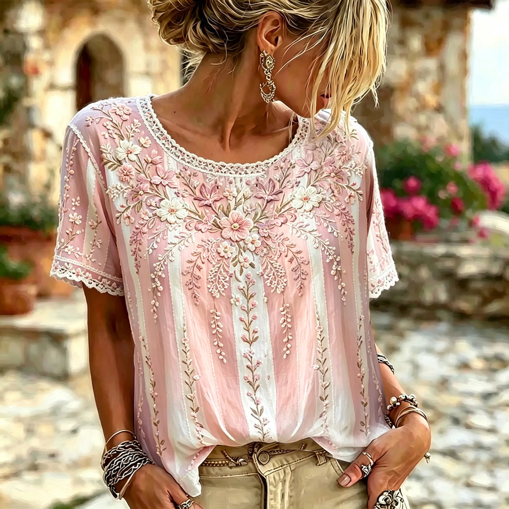 Women's Floral Vine And Lace Embroidered Art Stripe Vintage Round Neck Short Sleeve Top
