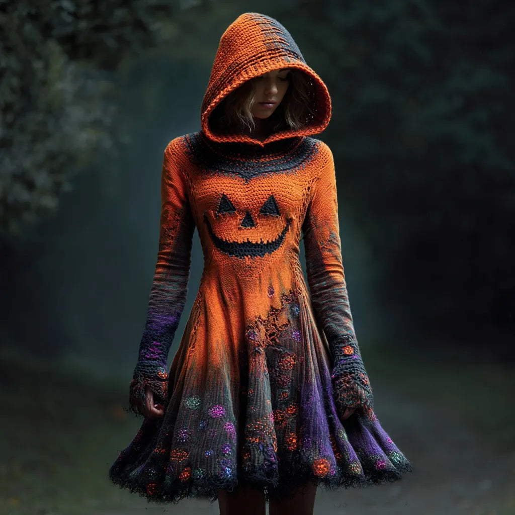 Women's Pumpkin Ghost Face Floral Hooded Knit Dress