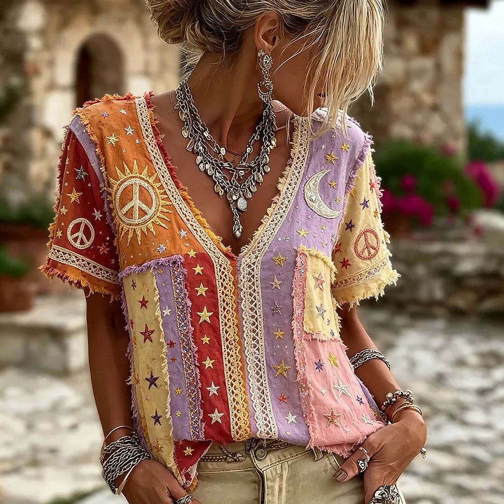 Women's Vintage Hippie Sun Moon Stars Art Cotton Linen Casual Patchwork V-neck Top