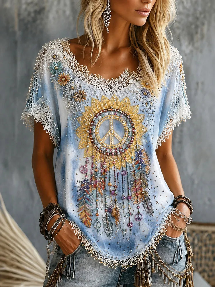 Women's Bohemian Tie Dye Wind Chime Peace Art Print Casual Short Sleeve T-shirt