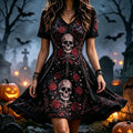 Women's Halloween V-neck Short-sleeve Skull And Floral Dress