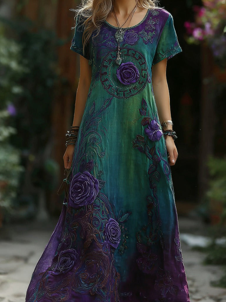 Women's Vintage Floral Embroidery Gradient Pattern Round Neck Maxi Dress