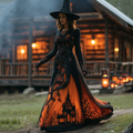Women's Halloween Gradient Treehouse Design Witch V-neck Maxi Dress