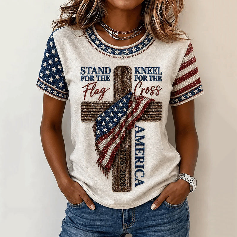 Women's Independence Day Cross Flag Print Crew Neck Short Sleeve T-shirt