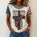 Women's Independence Day Cross Flag Print Crew Neck Short Sleeve T-shirt