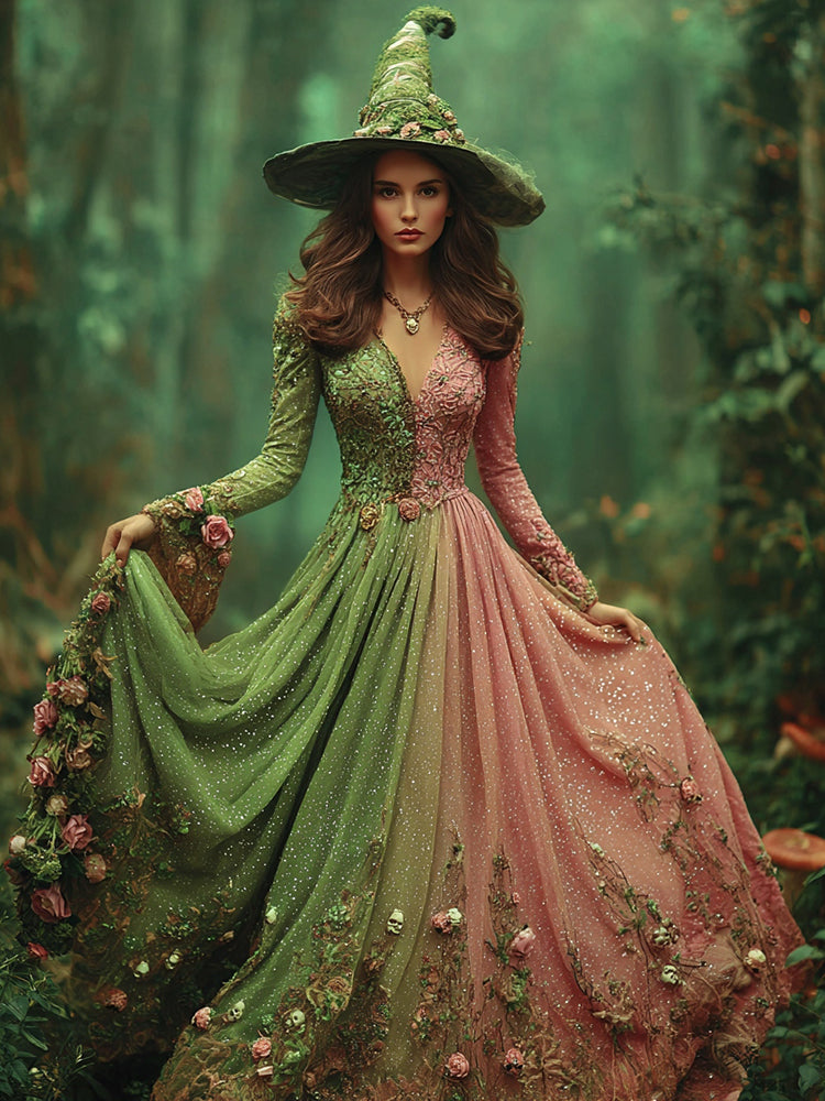 Halloween Rose Floral Gradient Witch Maxi Dress