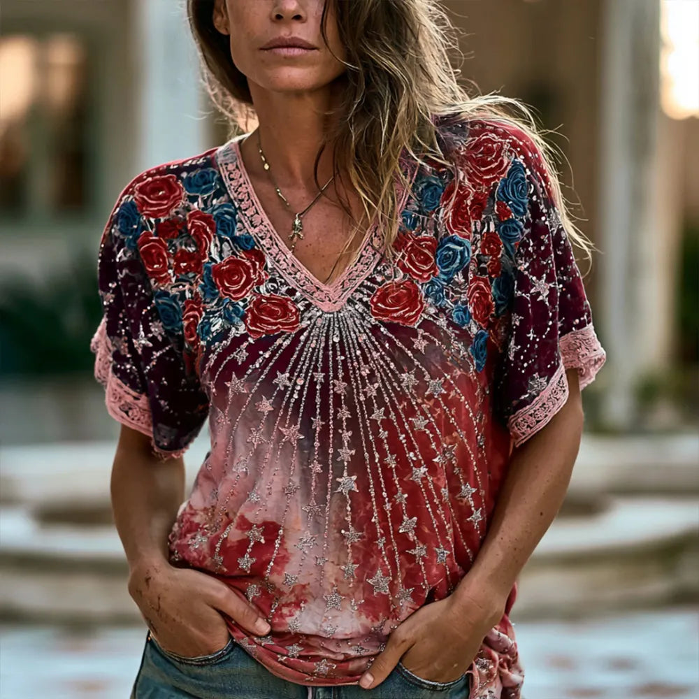 Women's Vintage American Independence Day Floral And Star Embroidered Gradient Casual V-neck Short Sleeve Top