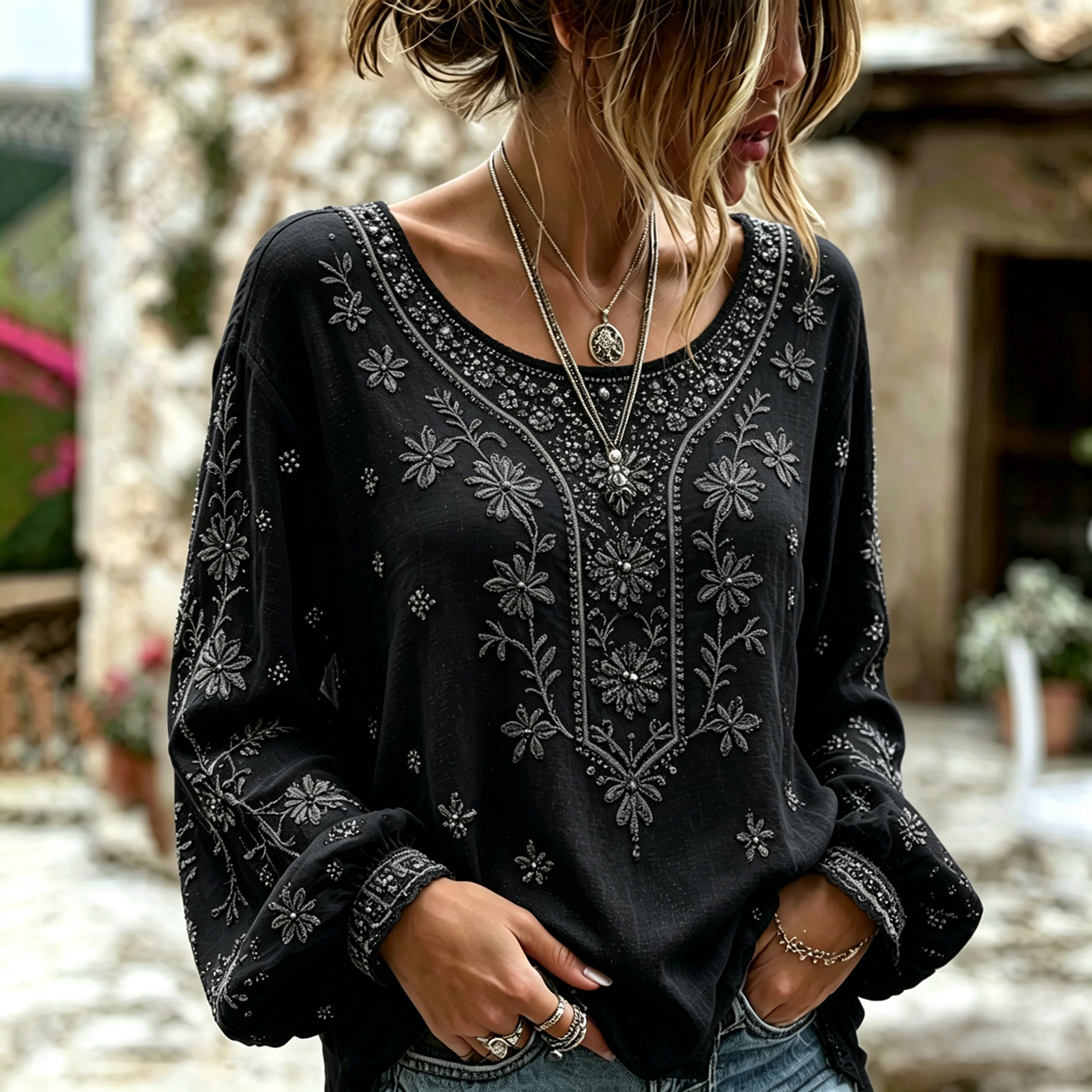 Women's Vintage Floral Rose Art Embroidered Linen Blend Long Sleeve Tops