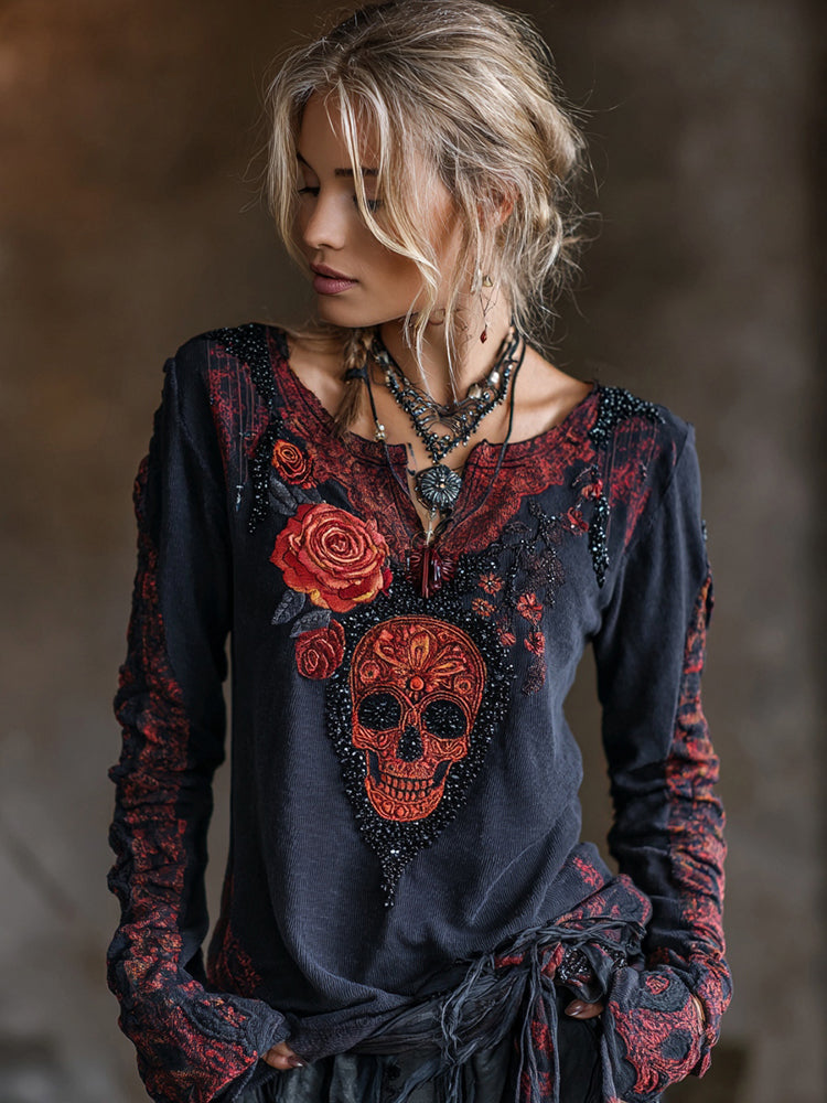Vintage Rose Skull Contrast Color V-neck T-shirt