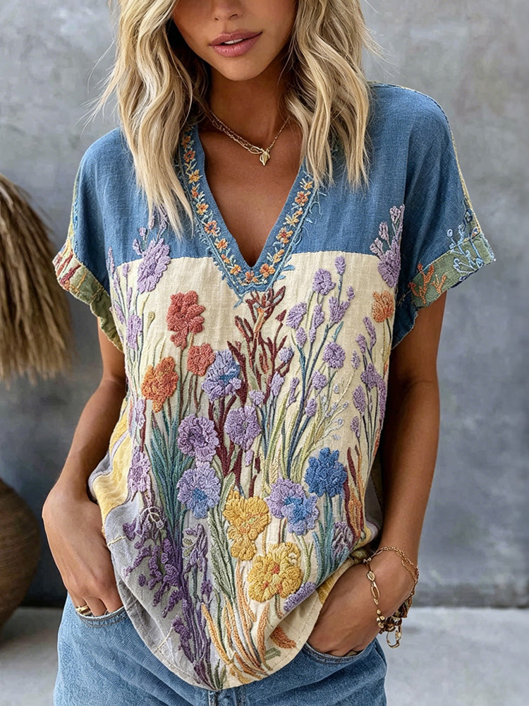 Women's Retro Floral Embroidered Patchwork Cotton And Linen Top