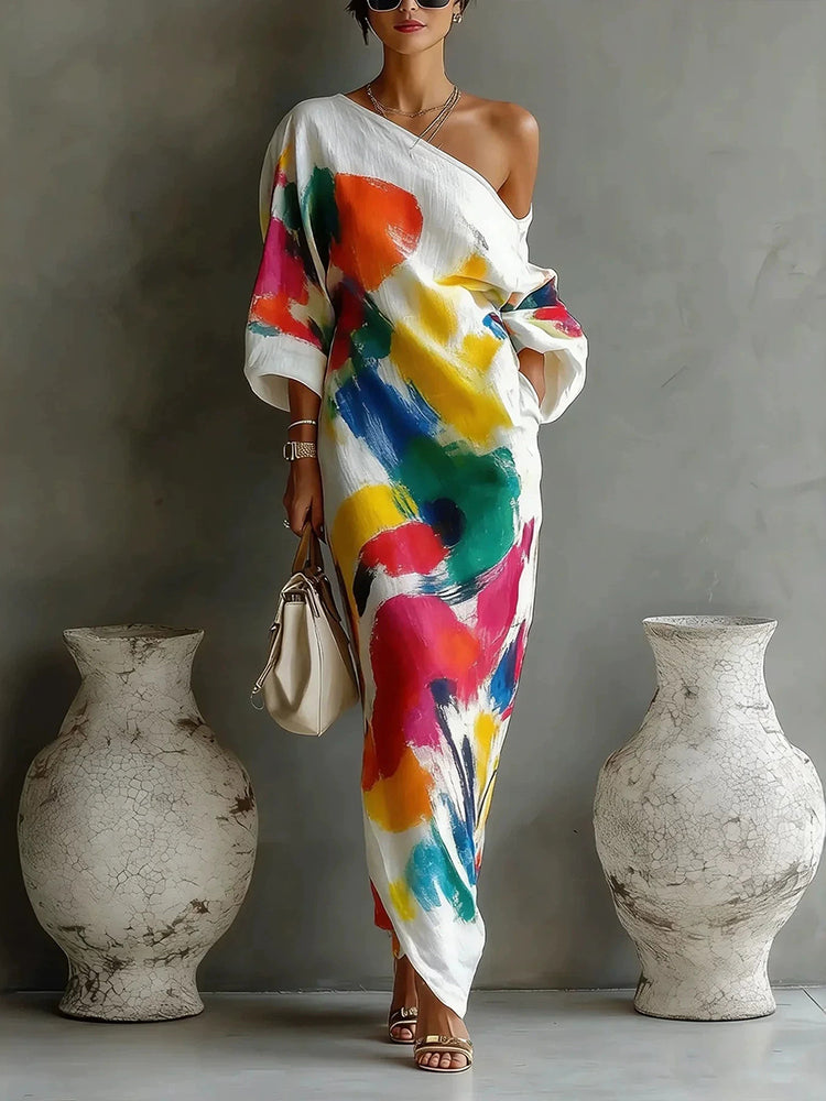 Elegant Abstract Art Print Loose Maxi Dress
