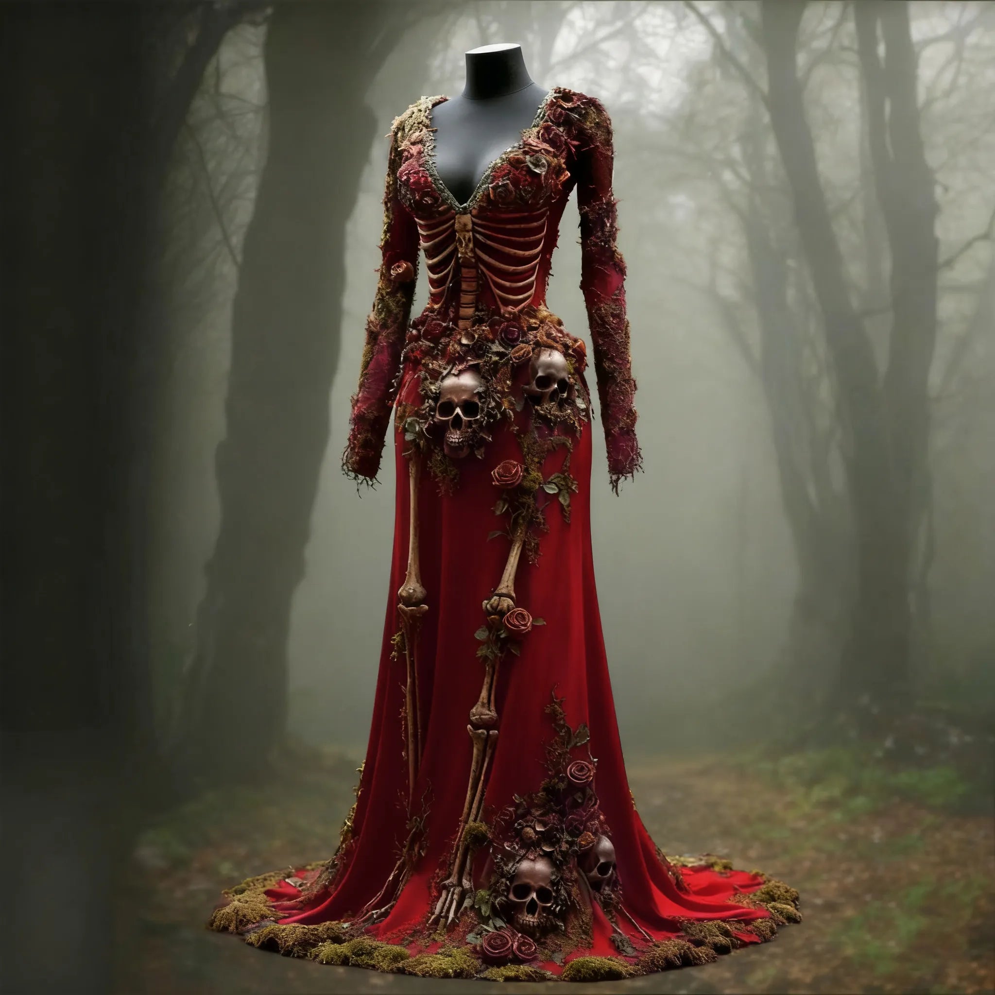Women's Halloween Skull Flower Moss Witch Velvet Maxi Dress