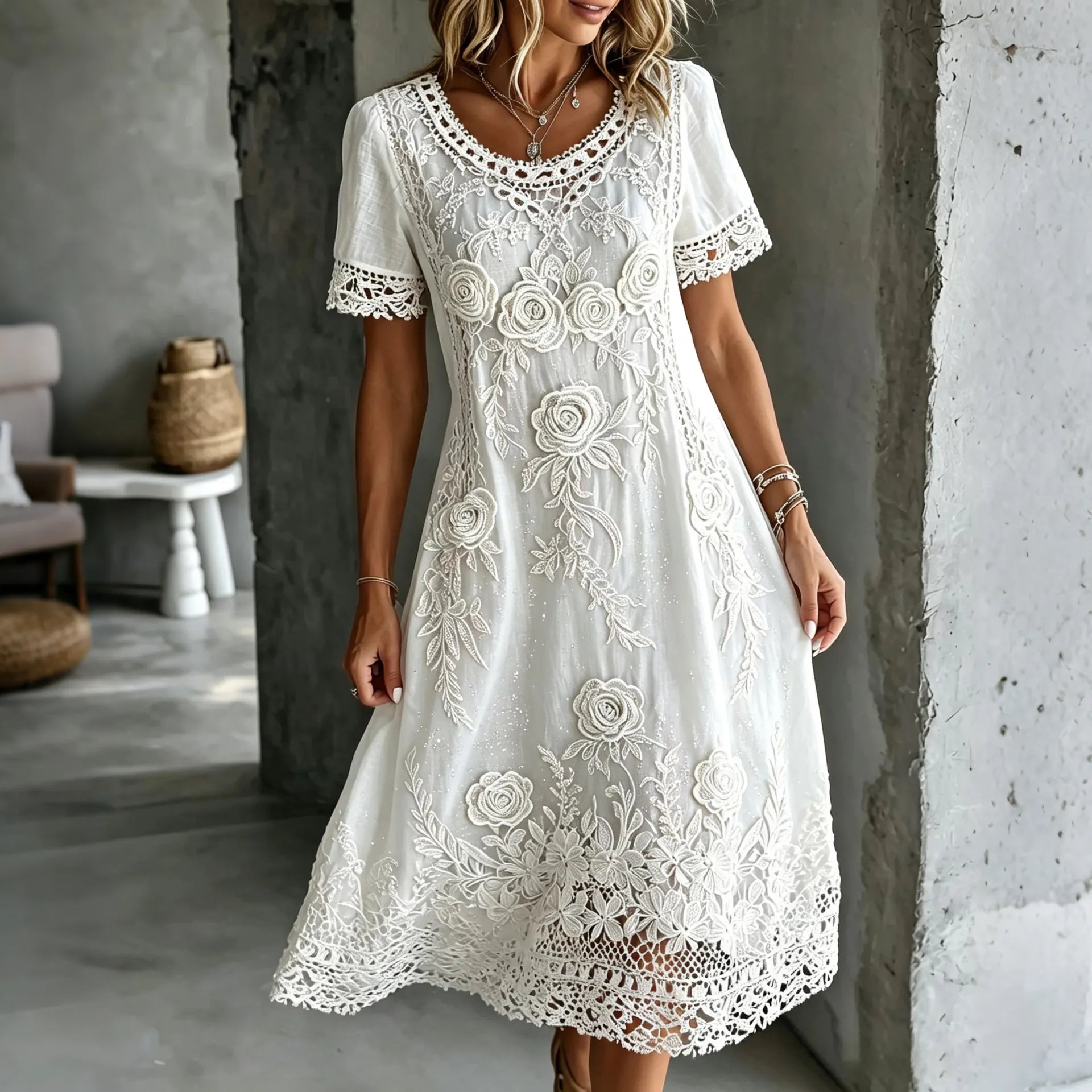 Women's Vintage Rose Art Embroidered Linen Blend Round Neck Midi Dress