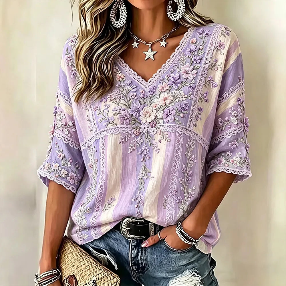 Women's Small Floral Embroidery Art Patchwork Vintage Cotton Linen V-neck Short Sleeve Top