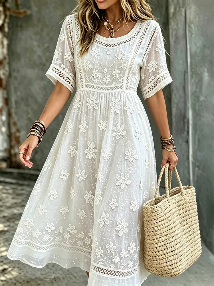 Women's White Floral Art Embroidered Linen Blend Round Neck Maxi Dress