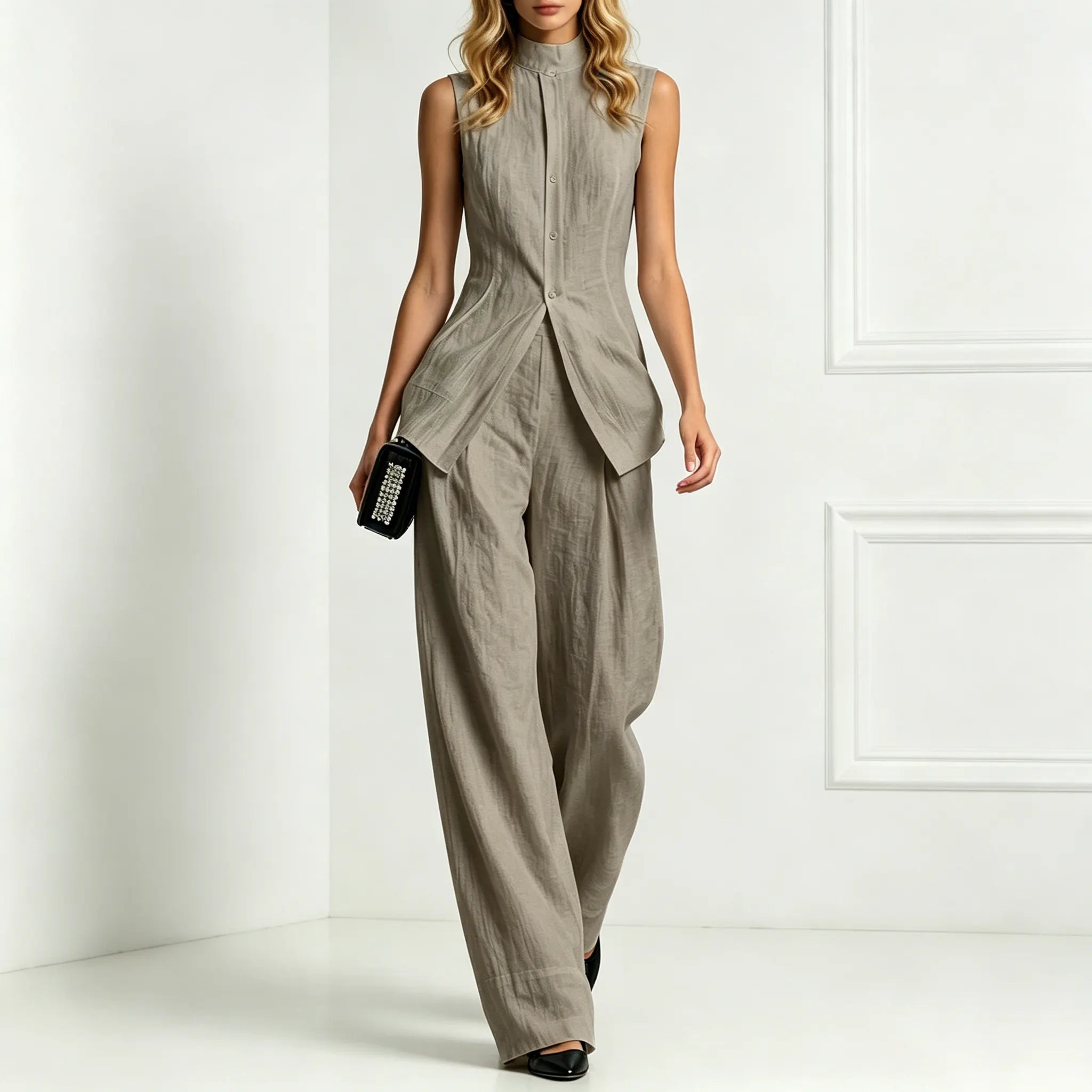 Fashion Elegant Solid Color Sleeveless Cotton Linen Shirt And Trousers Set