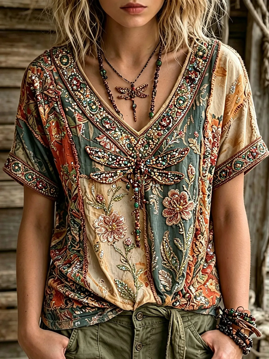 Women's Retro Bohemian Hippie Style Floral Dragonfly Sequin Embroidery Print Short-sleeve V-neck Top