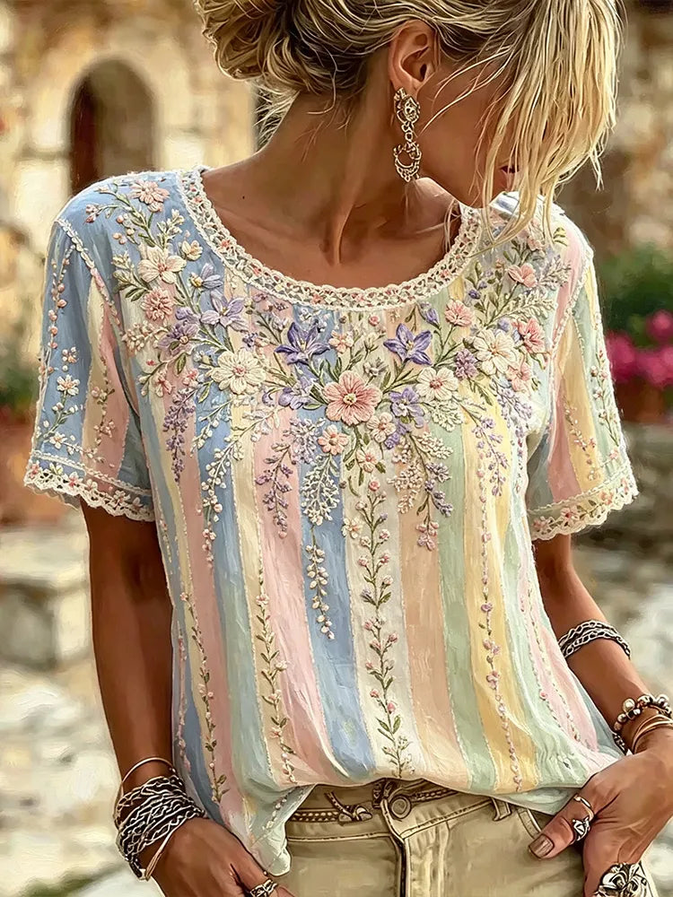 Women's Floral Vine And Lace Embroidered Art Stripe Vintage Round Neck Short Sleeve Top