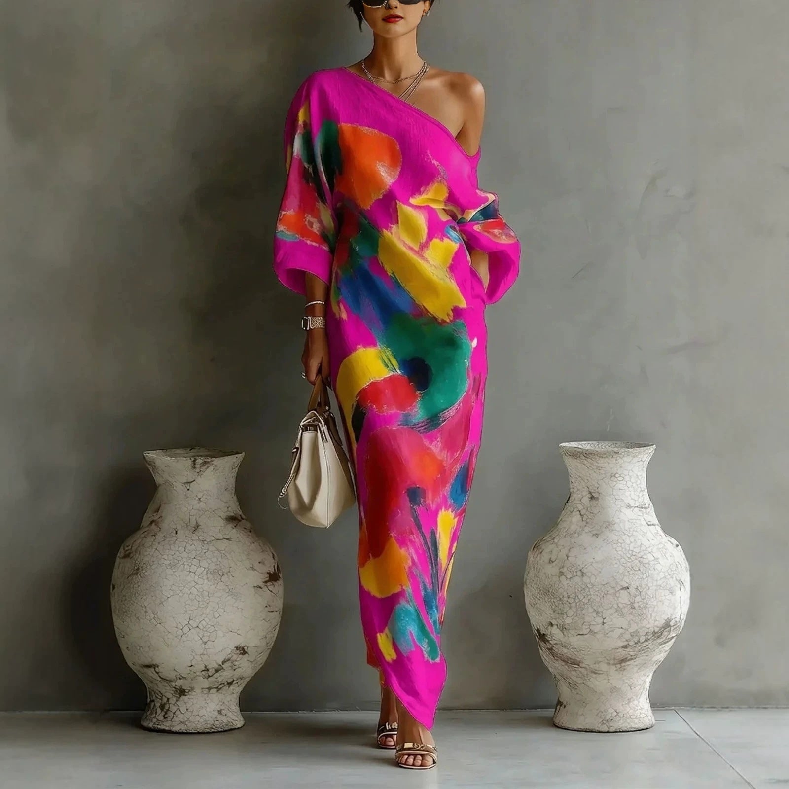 Elegant Abstract Art Print Loose Maxi Dress