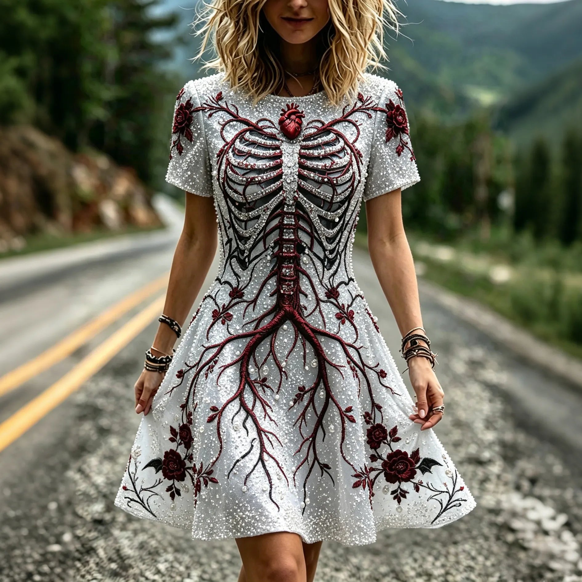 Women's Retro Halloween Skeleton And Bloodline Pattern Round Neck Short Sleeve Dress