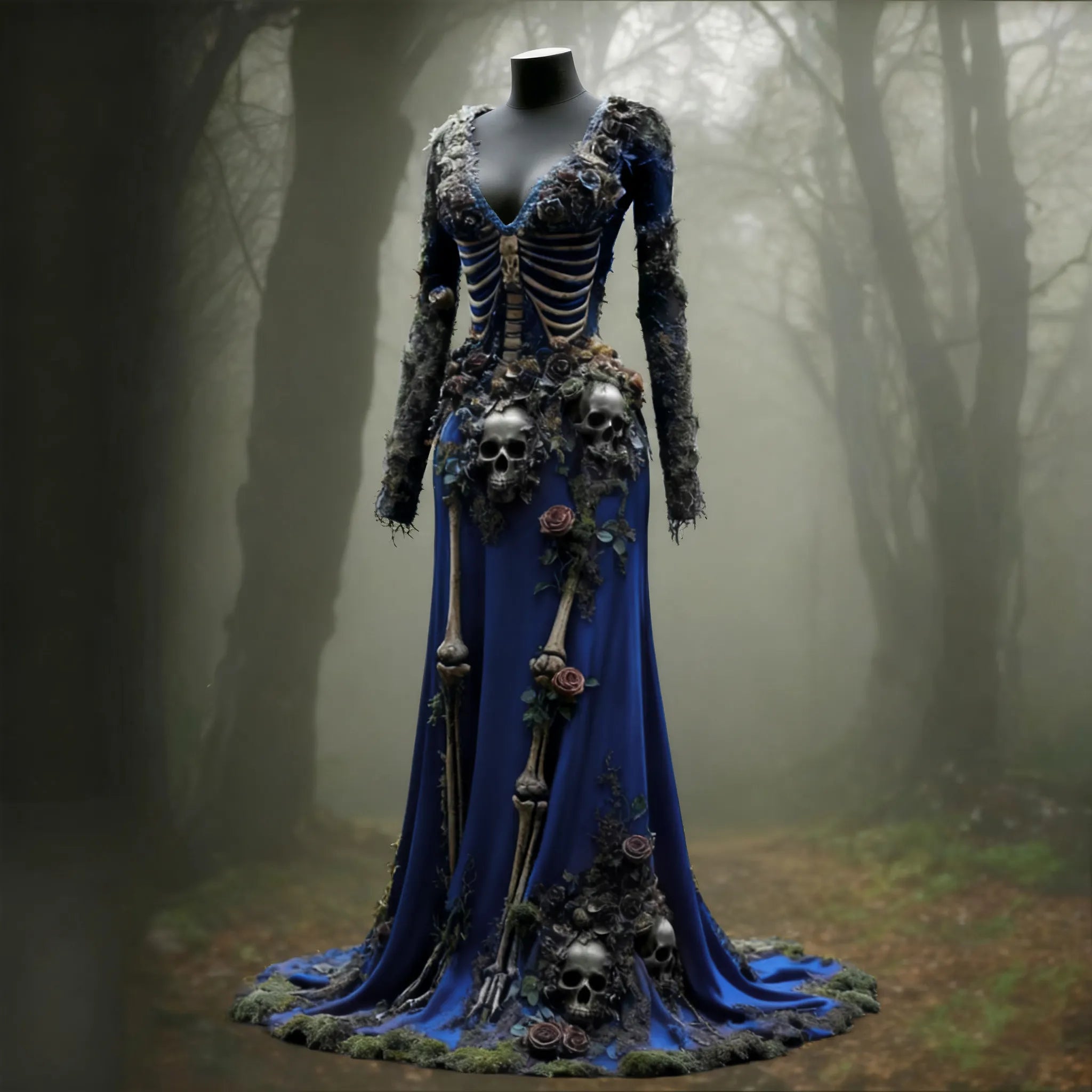 Women's Halloween Skull Flower Moss Witch Velvet Maxi Dress