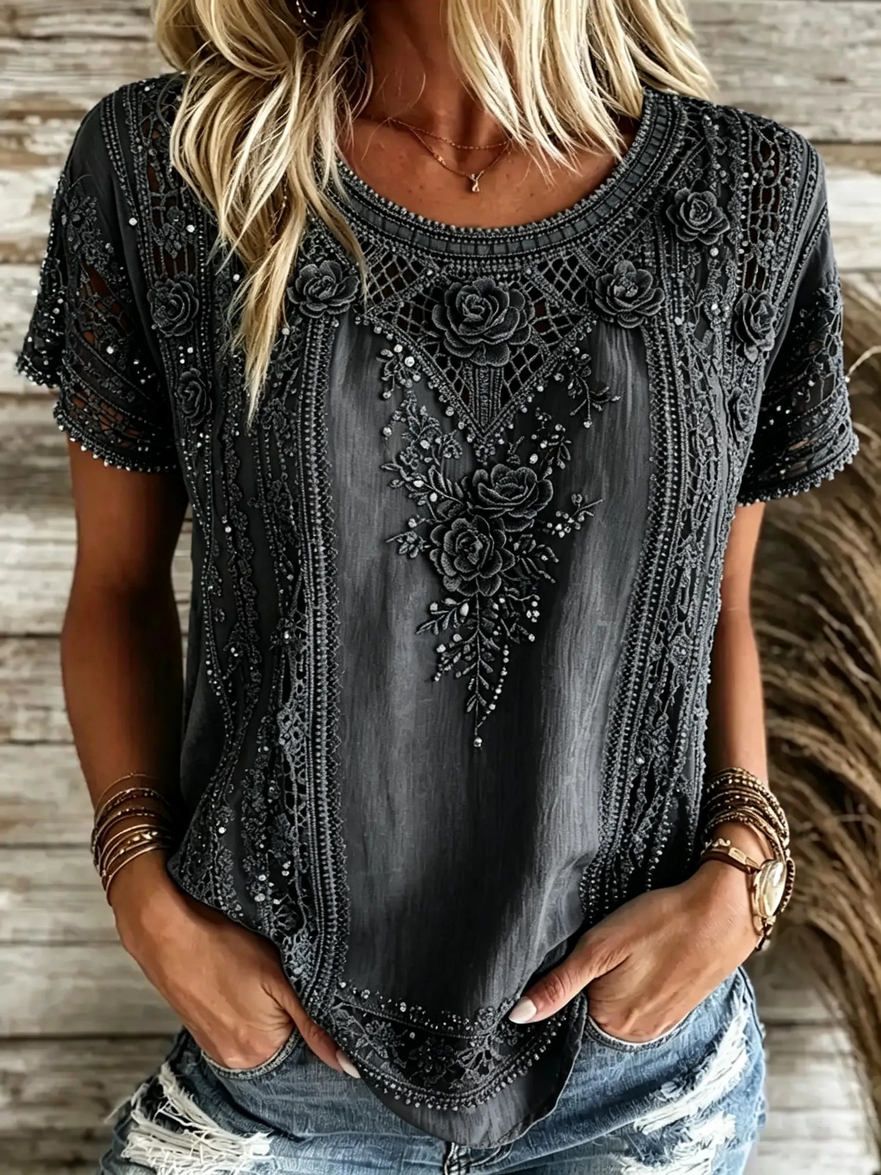 Women's Vintage Floral Art Flowy Linen Blend Casual Tops