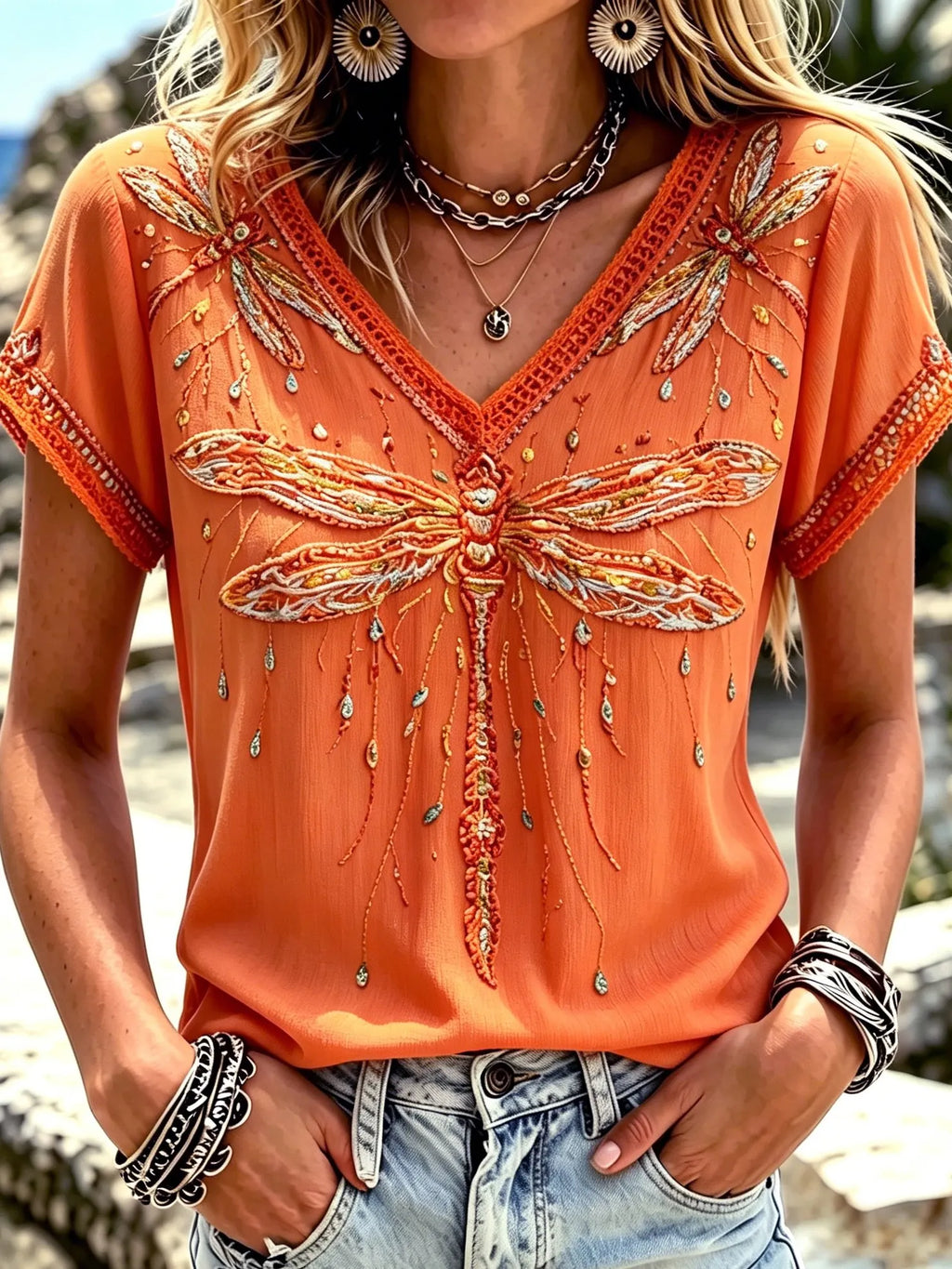 Women's Retro Bohemian Floral Dragonfly Embroidered Print V-neck Short-sleeve Top