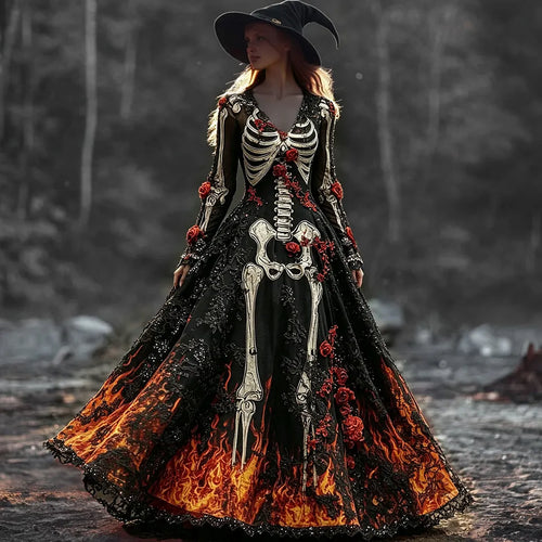 Halloween Witch Flame And Bone Art Casual Flowing Long Dress