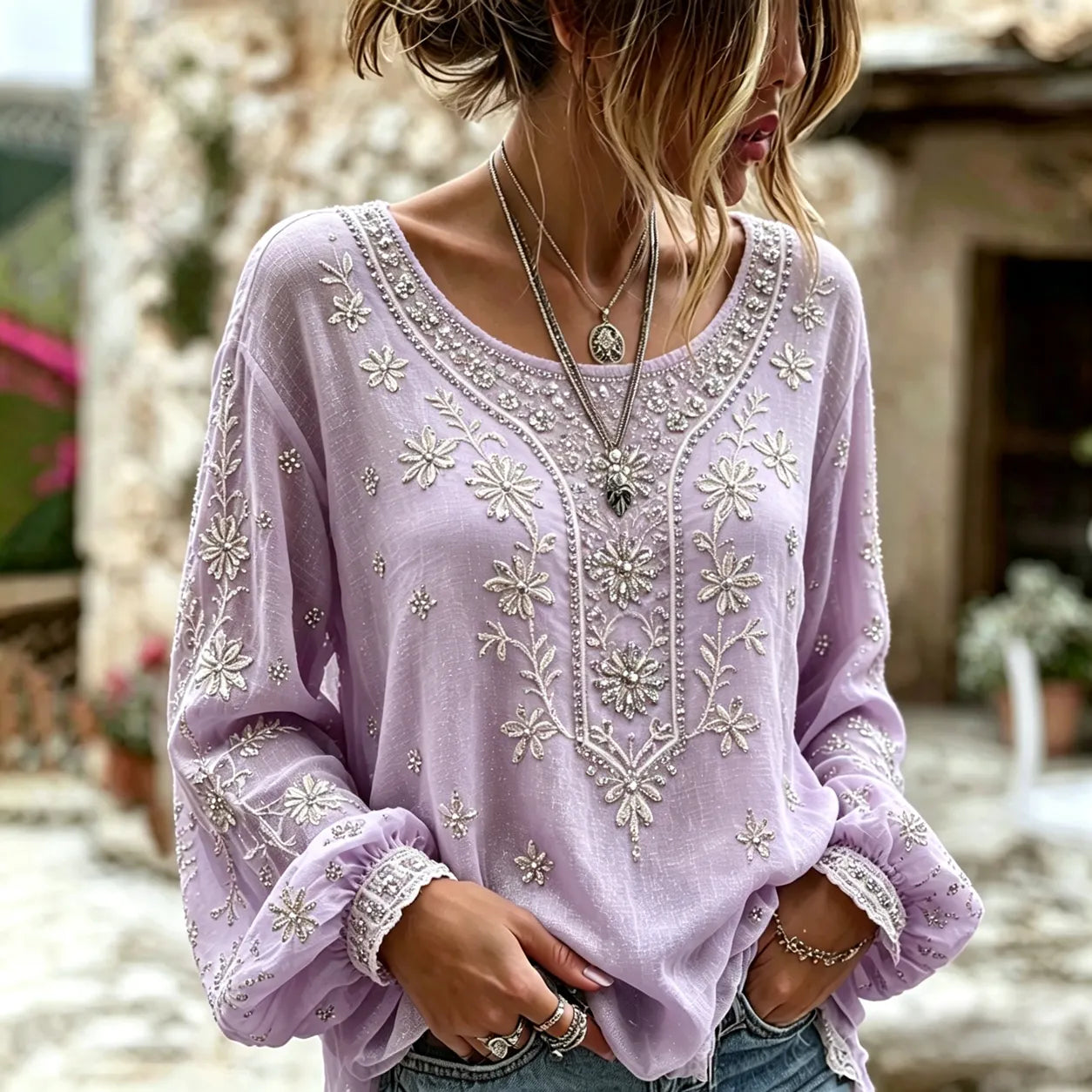 Women's Vintage Floral Rose Art Embroidered Linen Blend Long Sleeve Tops
