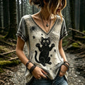 Women's Vintage Shock Spider Black Cat Patchwork Art Short Sleeve T-shirt