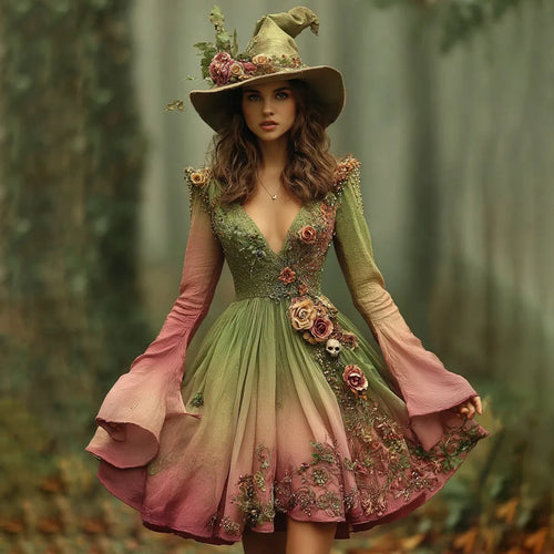 Halloween Rose Floral Skull Contrast Gradient Witch Midi Dress
