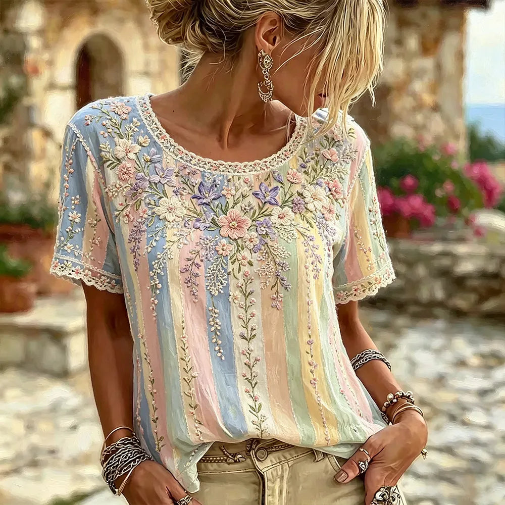 Women's Floral Vine And Lace Embroidered Art Stripe Vintage Round Neck Short Sleeve Top