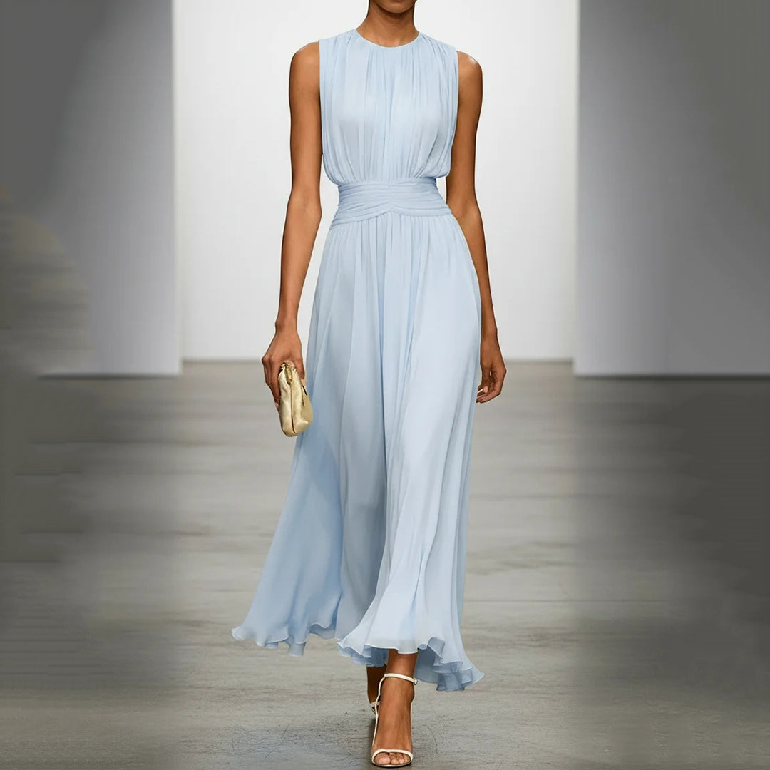 Elegant Solid Color Fitted Waist Round Neck Sleeveless Midi Dress