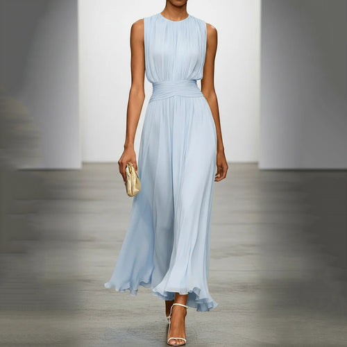 Elegant Solid Color Fitted Waist Round Neck Sleeveless Midi Dress