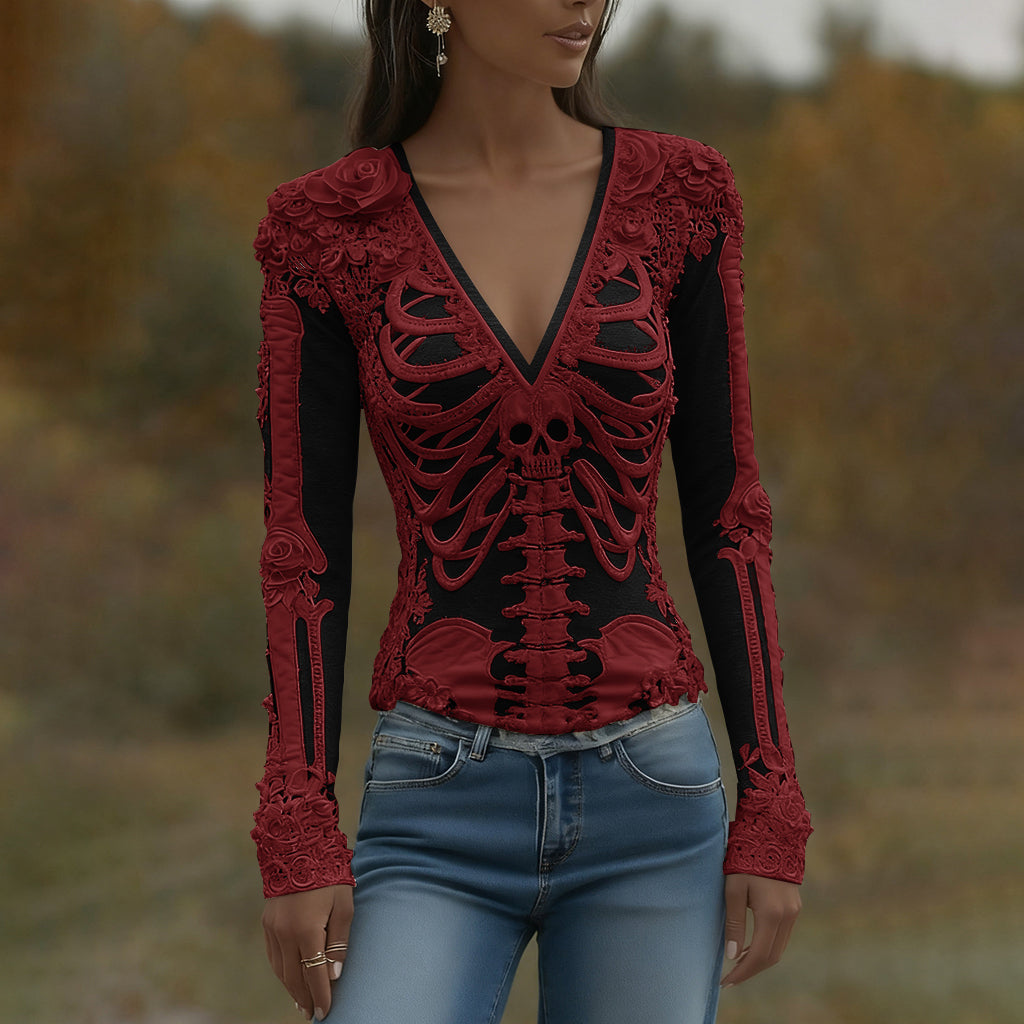 Women's Halloween Skeleton Bones With Roses And Skull Art Casual Long Sleeve V Neck T-shirt