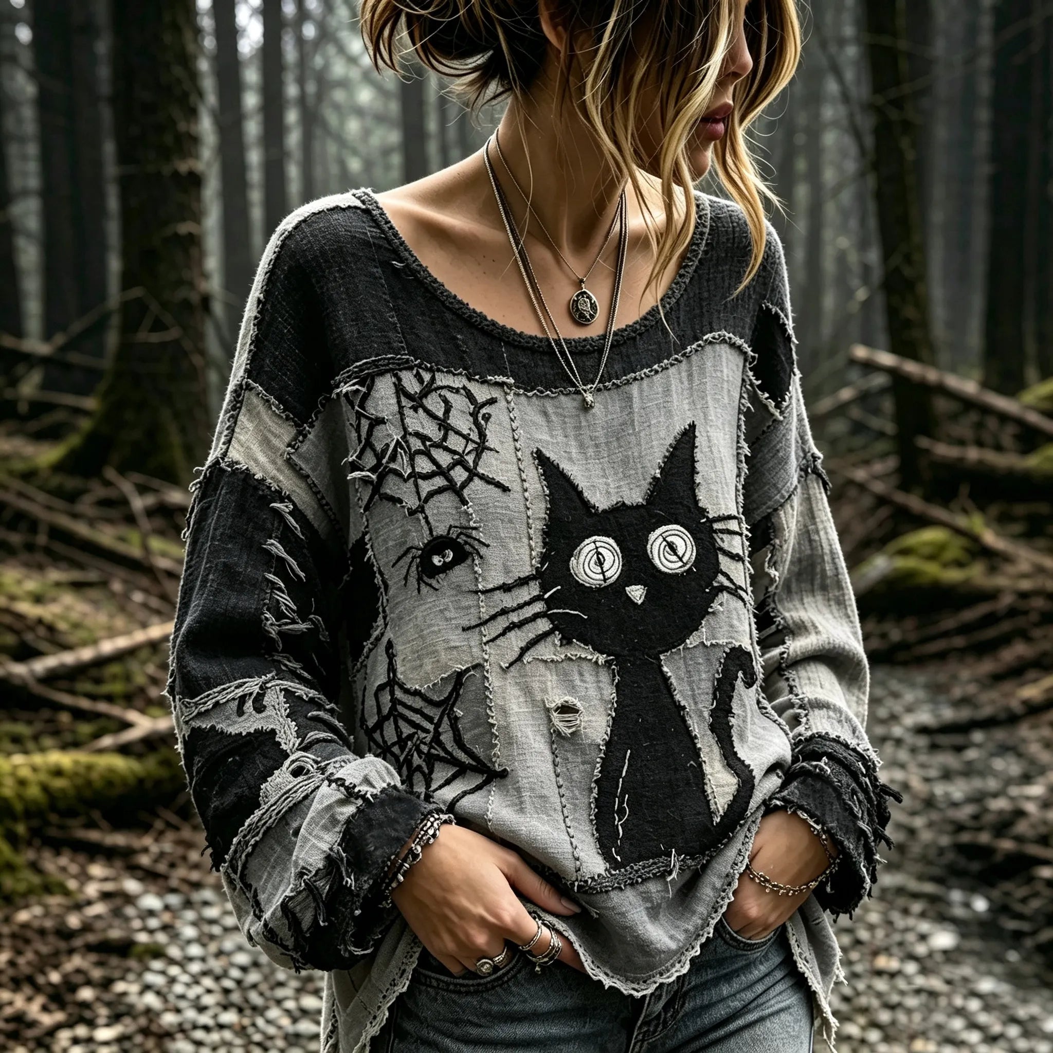 Women's Vintage Shock Spider Black Cat Patchwork Art Long Sleeve T-shirt