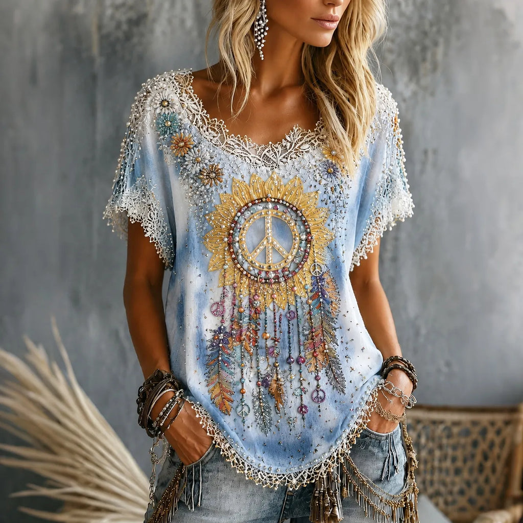 Women's Bohemian Tie Dye Wind Chime Peace Art Print Casual Short Sleeve T-shirt