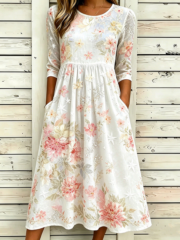 Women's Boho Floral Embroidered Vintage Pink Flower & Star Print A-line Dress