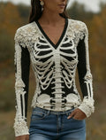 Women's Halloween Skeleton Bones With Roses Art Casual Long Sleeve V Neck T-shirt