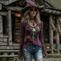 Women's Halloween Rose Skull Witch Cosplay V-neck T-shirt