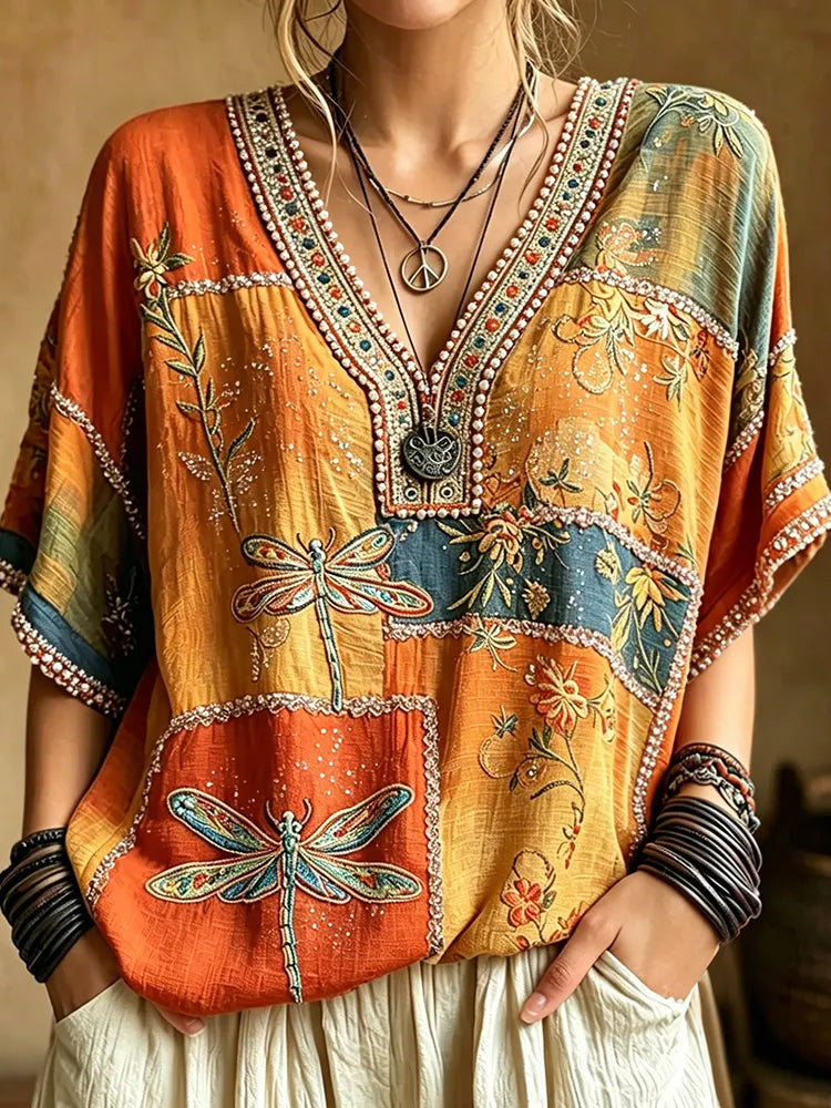 Women's Vintage Hippie Floral And Dragonfly In Patchwork Pattern Art Embroidered Linen Blend V Neck Shirts