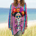 Vintage Mexican Sugar Skeleton Catrina Day Of The Dead Inspired Pattern Long-Sleeve Wool Midi Dress