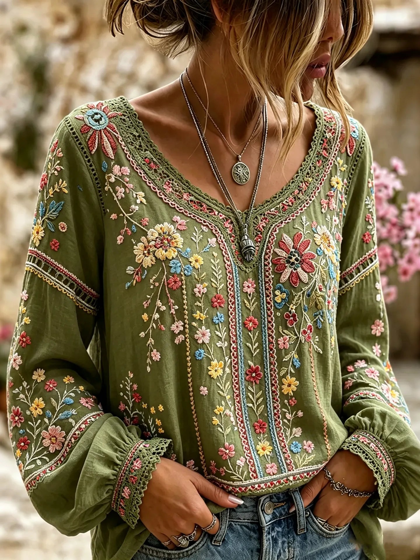 Women's Retro Vacation Floral Design Round Neck Cotton Linen Long Sleeve Top