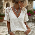 Women's Vintage Flowers Embroidery V-neck Short Sleeve Linen Blend T-shirt