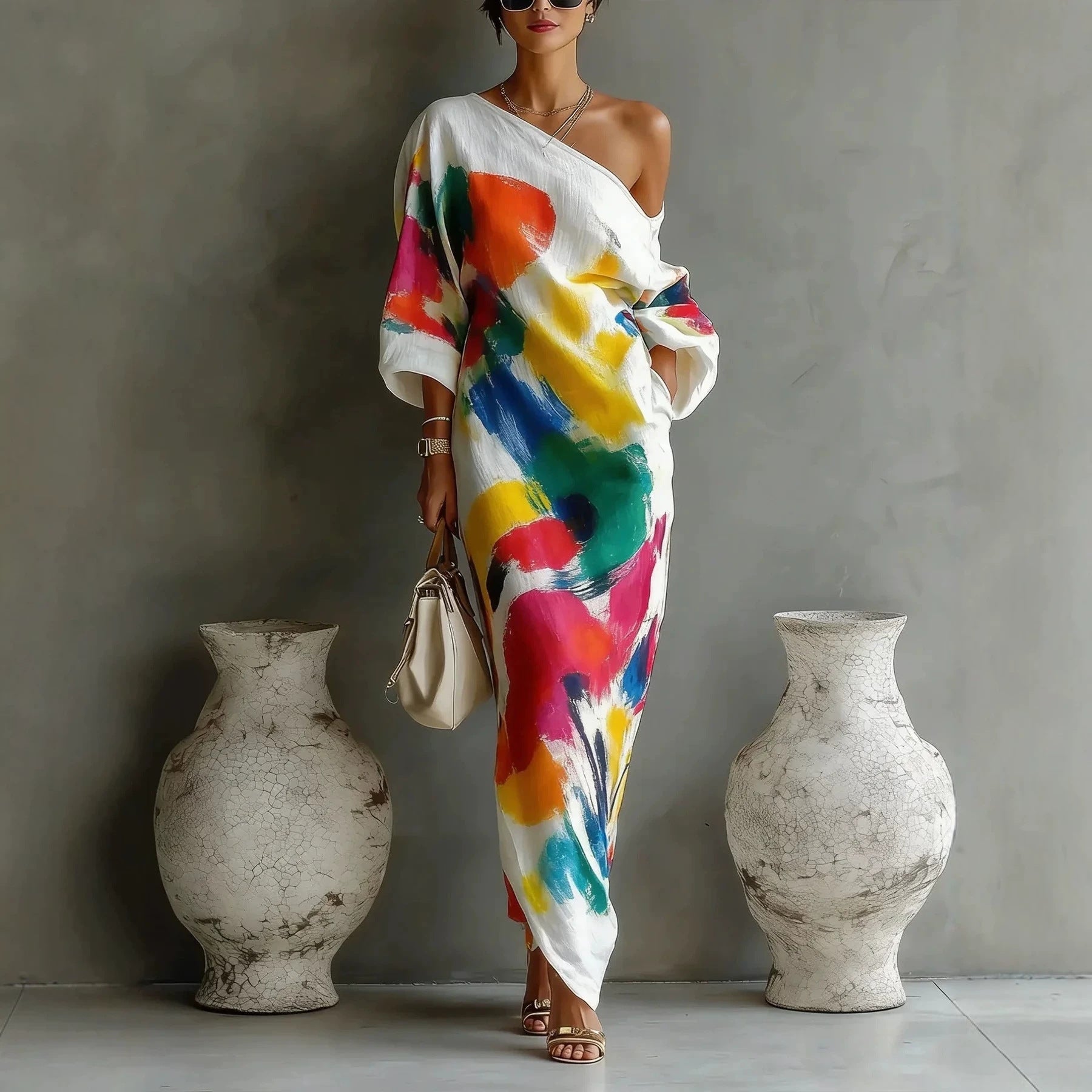 Elegant Abstract Art Print Loose Maxi Dress