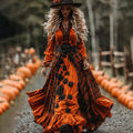 Women's  Classic Halloween Black Roses And Orange Plaid Art Comfy Velvet Maxi Dress