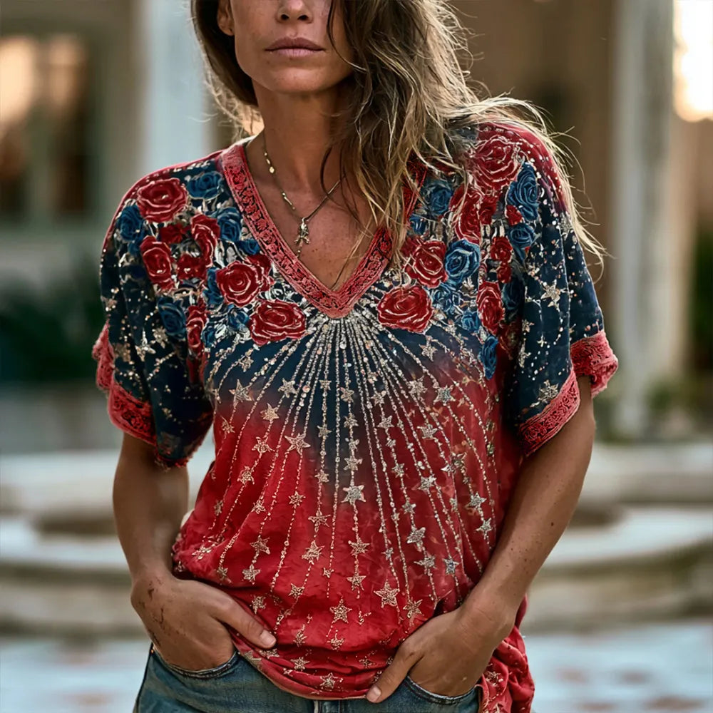 Women's Vintage American Independence Day Floral And Star Embroidered Gradient Casual V-neck Short Sleeve Top