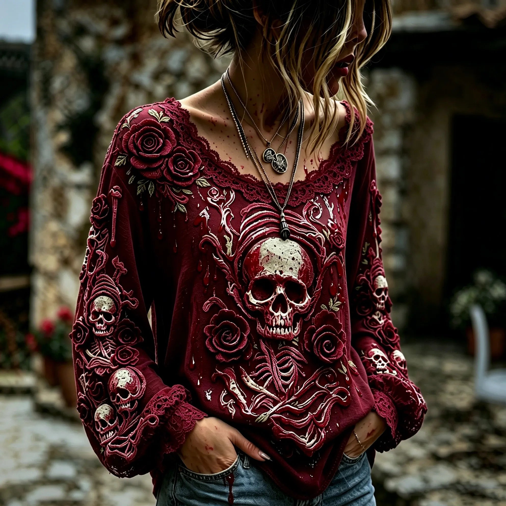 Women's Retro Halloween Style Skull And Rose Print Top
