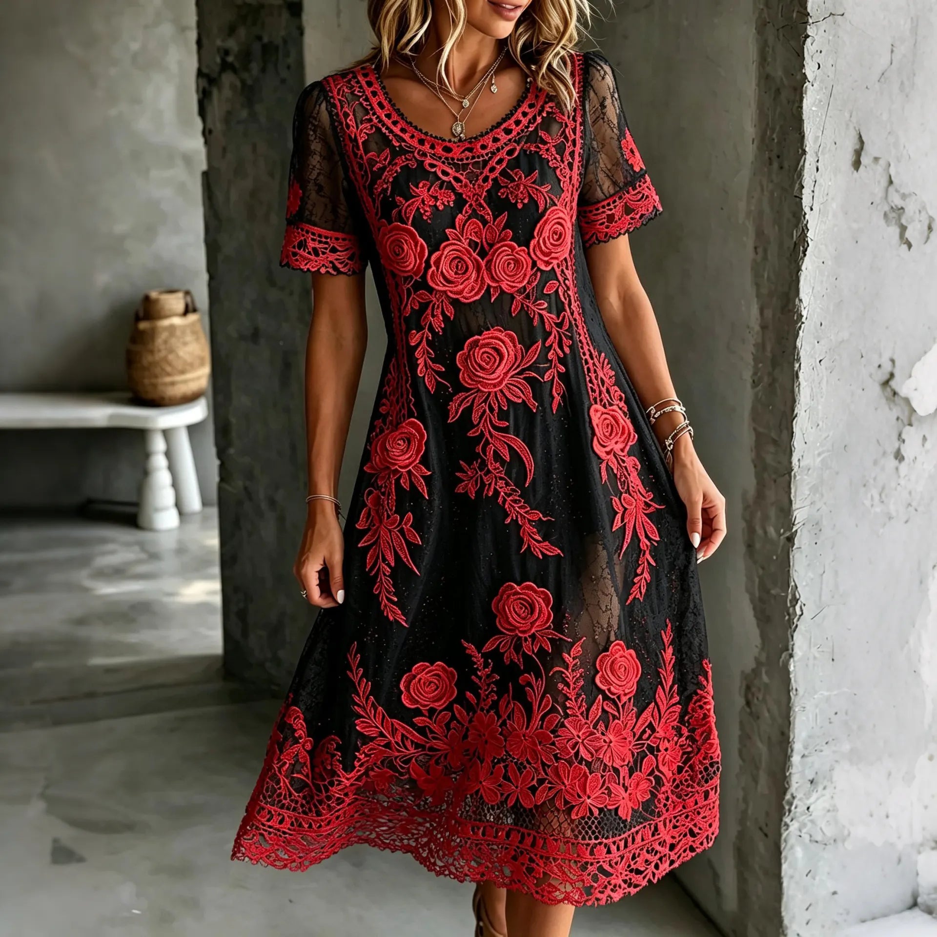Women's Vintage Rose Art Embroidered Linen Blend Round Neck Midi Dress