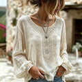 Women's Vintage Floral Rose Art Embroidered Linen Blend Long Sleeve Tops